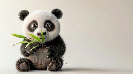 Fototapeta premium Adorable baby panda sitting and holding bamboo shoots against a plain background. Cute and lovable animal image perfect for stock usage.