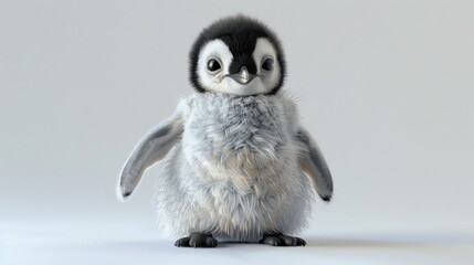 Naklejka premium Adorable baby penguin chick standing, fluffy feathers, isolated on light background. Cute wildlife animal in portrait pose.