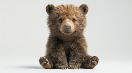 Adorable brown bear cub sitting on a plain background, looking straight ahead. The fluffy fur and curious eyes make it endearing.