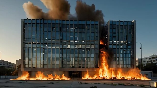 A multi-story modern office building catches fire during the day, large flames burst from the base of the building as smoke rises into the air