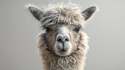 Fototapeta premium Adorable close-up portrait of a fluffy alpaca with a neutral background showcasing its expressive face and unique fur texture.