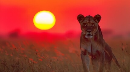 Majestic Lion Stands Amidst Glowing Savanna Landscape at Sunset