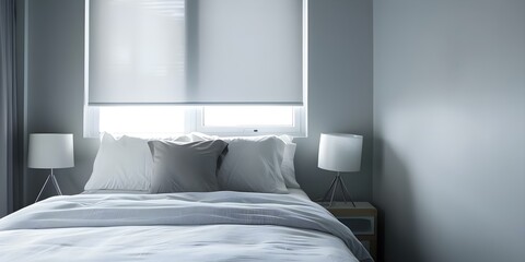 Contemporary Bedroom with Gray Blackout Roller Blinds and Plastic Window Shutters. Concept Interior Design, Window Treatments, Bedroom Decor, Roller Blinds, Window Shutters