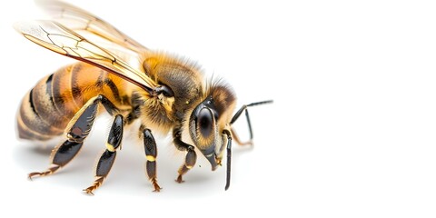 Macro Shot of Honey Bee Legs Collecting Pollen on White Background Realistic View. Concept Macro Photography, Nature Close-up, Insect Behavior, Pollination Process, White Background Portrait