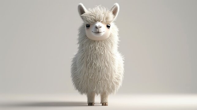 Adorable fluffy white alpaca standing on a plain background, showcasing its soft fur and cute expression.