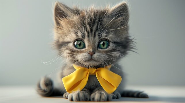 Adorable gray kitten with a yellow bow tie sitting on a white surface, looking directly at the camera with big, green eyes.