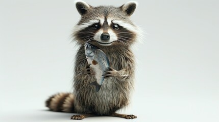 Fototapeta premium Adorable raccoon holding a fish, isolated on white background. Cute wildlife moment captured in high detail.