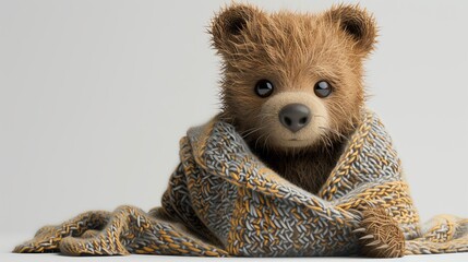 Adorable, fuzzy bear cub wrapped in a cozy knitted blanket, looking cute and warm against a neutral background perfect for children's content.