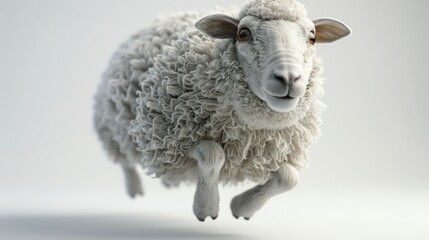 Fototapeta premium Close-up of a joyful, fluffy sheep mid-jump against a minimalistic background. Cute animal in motion, portraying happiness and liveliness.