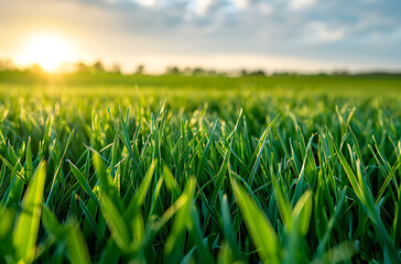 Close up of green wheat field blurred background closeup view of tall grain grassy meadow focused sprouts The concept is the agricultural industry and food production Stock photo with space for text
