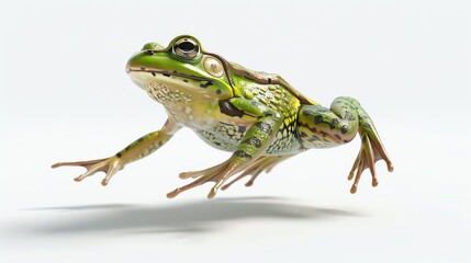 Fototapeta premium Close-up of a vibrant green frog leaping through the air against a white background, showcasing its dynamic movement and natural beauty.
