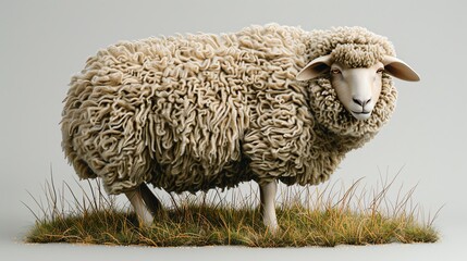 Obraz premium Close-up of a woolly sheep standing on a grassy patch. Perfect for farm, nature, and livestock-related projects and illustrations.