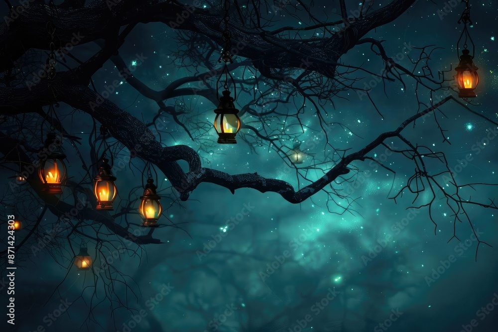 Aufkleber A mystical night scene with lanterns hanging from tree branches, casting soft light against a starry, cloudy sky, creating an enchanting atmosphere.