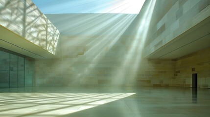 A large, empty room with a lot of sunlight shining through the windows