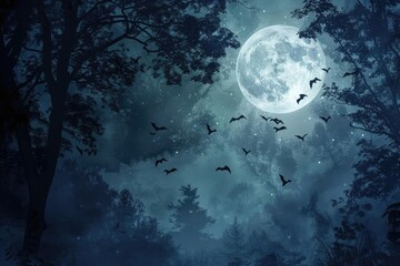 Naklejka premium Eerie night sky with a full moon and bats flying against a backdrop of dark trees. Perfect for spooky, Halloween, or nature themes.