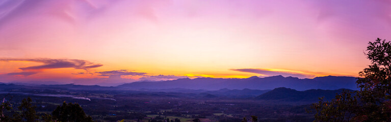 Purple pastel sky Romantic landscape sunrise foggy mountain in morning pastel tone.  Twilight Beautiful landscape foggy hills violet beautiful Purple sky sunset dramatic landscape mountain cloudscape