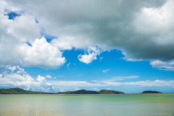 Fototapeta premium Blue sea white beach turquoise ocean wave coastal in tropical paradise landscape. Beautiful scene seascape marine coastline destinations. Tropical beautiful blue ocean lagoon lake travel summer time.