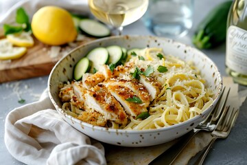 Fototapeta premium Chicken piccata with spaghetti, cucumber slices and lemon