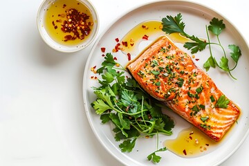 Grilled salmon steak with coriander leaves and olive oil 