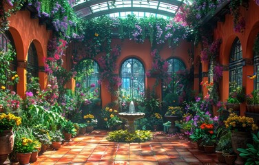 Fototapeta premium Enchanting Indoor Garden with Colorful Flowers and Lush Greenery in a Sunlit Conservatory