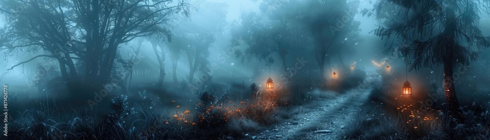Poster Misty forest path illuminated by eerie lanterns, creating a mystical and atmospheric scene shrouded in fog.