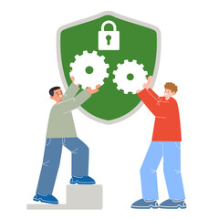 Team of expert working together holding cogwheel gear large shield symbol of security cyber technology
