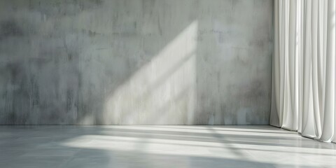 Sunlit Empty Room with Beige Curtains, Concrete Wall, and Polished Cement Floor. Concept Indoor Photography, Minimalist Interiors, Natural Light, Neutral Tones, Urban Decor