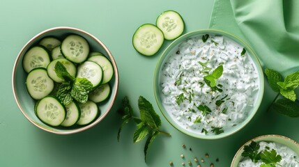 Indian inspired Cucumber Raita and Greek Tzatziki Sauce on Green Background