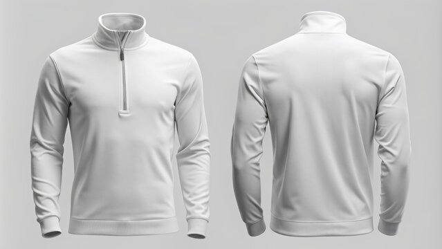 Empty, isolated, and unbranded white quarter zip sweater mockup with a blank back side, waiting for customization or design application.