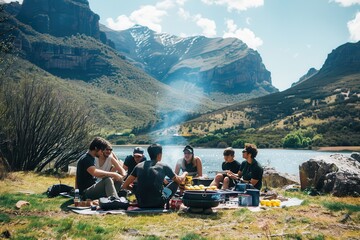 Fototapeta premium A group of people are sitting on a grassy field near a lake