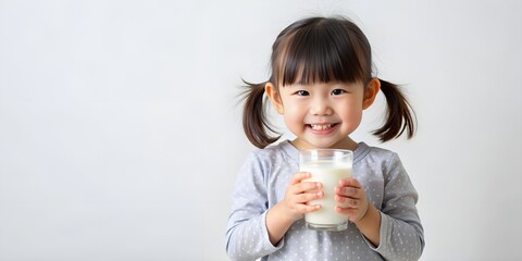 Happy little girl drinking milk.