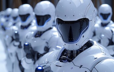 Fototapeta premium Futuristic Row of White Humanoid Robots with Black Visors in a High-Tech Environment