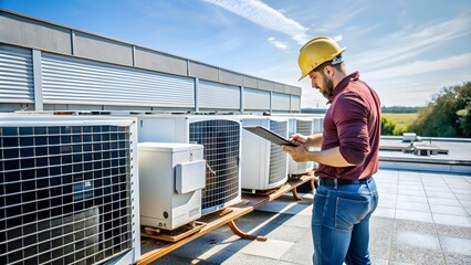 HVAC Technician Inspecting Air Conditioning Units on Rooftop.