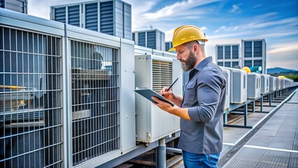HVAC Technician Inspecting Air Conditioning Unit on Rooftop.