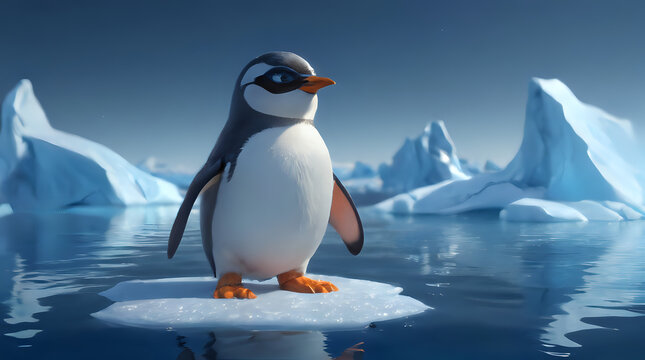 penguin standing on ice floer in front of icebergs in animated animated scene