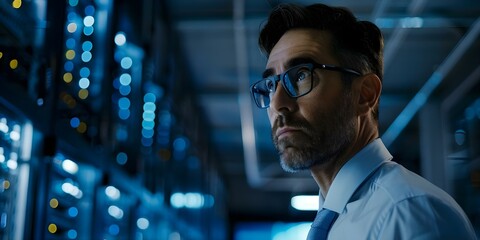 Cybersecurity expert assesses companys IT infrastructure for potential risks and vulnerabilities. Concept Cybersecurity Assessment, IT Infrastructure, Risk Analysis, Vulnerability Assessment