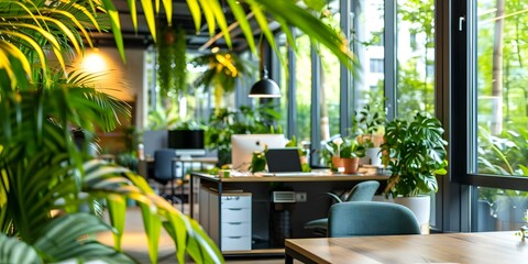 Enhancing Sustainability, Productivity, and Wellbeing Through Green Office Spaces. Concept Green Building Standards, Biophilic Design, Indoor Plants, Energy-Efficient Lighting, Recycled Materials