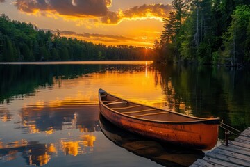 Obraz premium A canoe sits in a lake at sunset