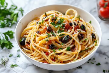 A bowl of spaghetti with olives and parsley on top