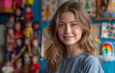 Obraz premium Smiling Young Woman in a Colorful Classroom with Children's Artwork and Toys in the Background