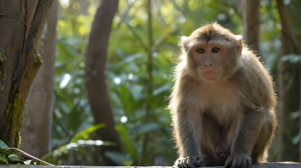 Obraz premium a monkey sitting on a ledge in the woods