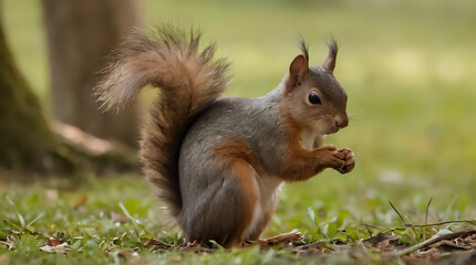 Obraz premium a squirrel that is eating something in the grass