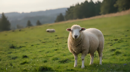Obraz premium a two sheep standing in a field of grass with trees in the background