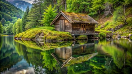 Obraz premium Serene primitive wooden hut built from driftwood and moss situated directly beneath a dam, reflected in calm water surroundings.