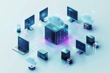A computer monitor displays a network of servers and clouds