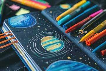 Obraz premium Colorful pens around a space-themed journal, displaying beautifully drawn planets and stars, creating a vibrant, creative environment.