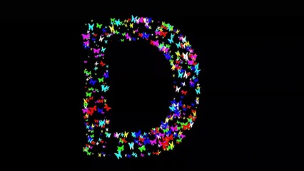 English alphabet D with colorful butterflies on plain black background