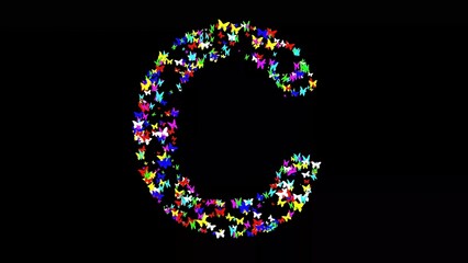 English alphabet C with colorful butterflies on plain black background