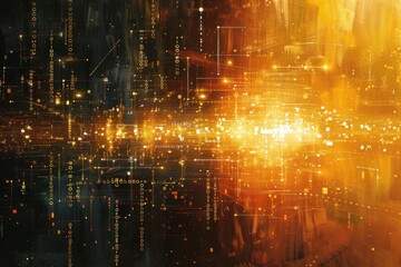 Obraz premium A painting of a cityscape with a bright yellow background