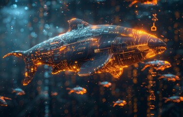 Futuristic Digital Shark with Glowing Orange Circuits in a High-Tech Underwater Environment